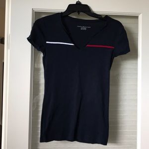 Navy Tommy Hilfiger Short Sleeve V Neck Top XS